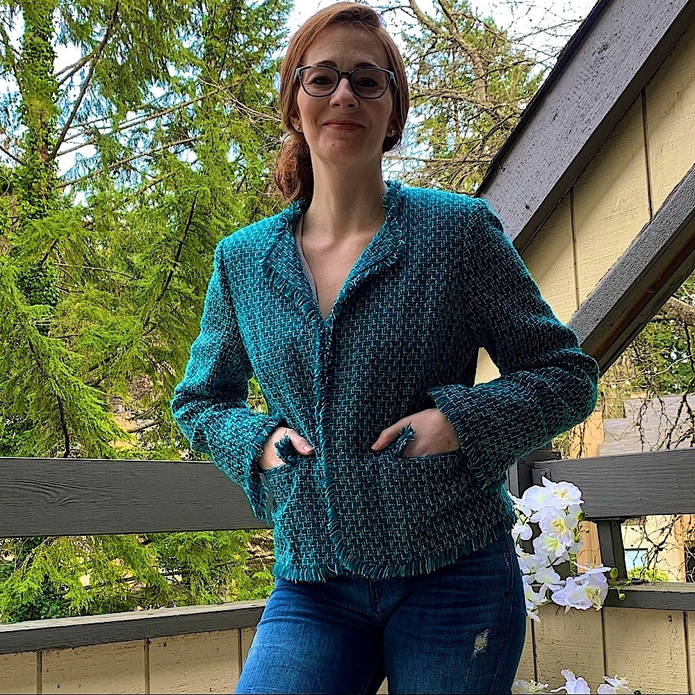Vintage J. Marco Tweed blue turquoise blazer Sz M fringe fully lined textured
